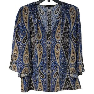 Kobi Halperin Blue Paisley Silk V-Neck Bell Sleeve Blouse Womens M